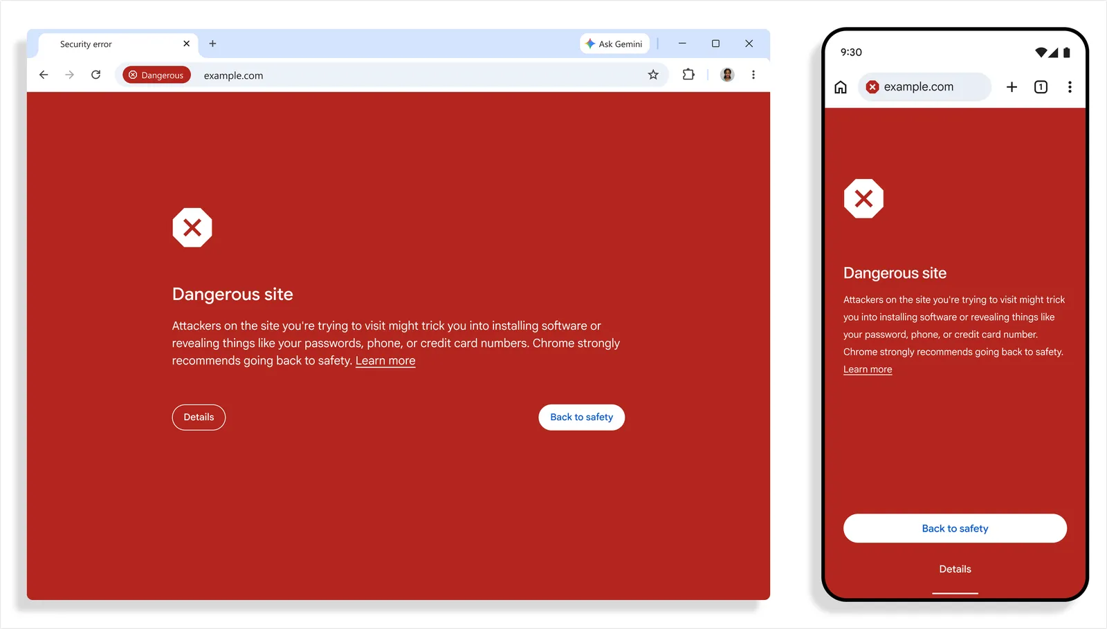 Chrome full-page red Dangerous site warning on desktop and mobile