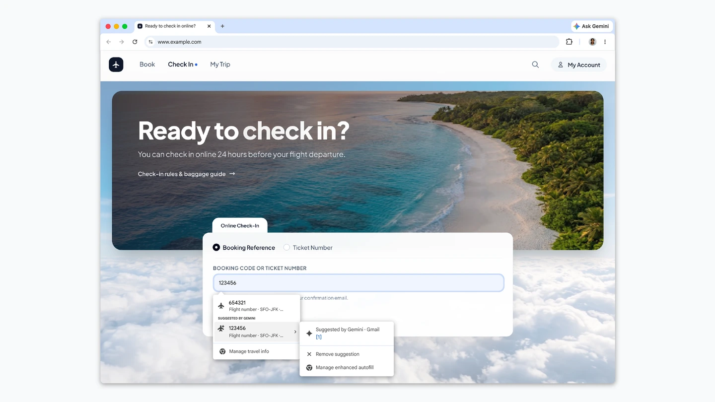 Chrome on desktop filling an airline check-in form, with a Suggested by Gemini booking code pulled from Gmail in the autofill menu