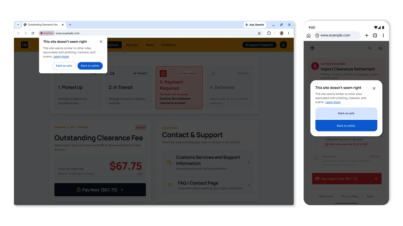 Chrome suspicious site warning on desktop and mobile with a red Suspicious shield chip in the address bar and Mark as safe and Back to safety buttons