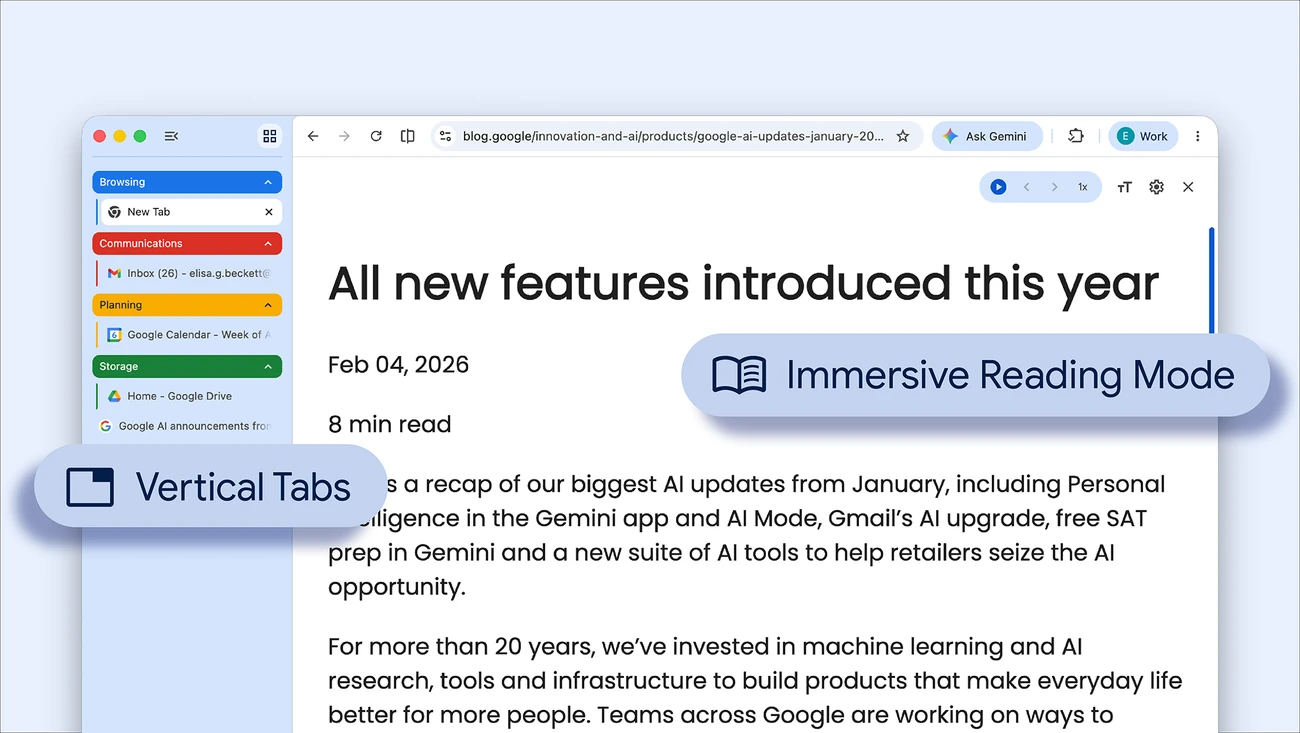 Google Chrome with vertical tabs in a left sidebar, with color-coded tab groups for Browsing, Communications, Planning and Storage