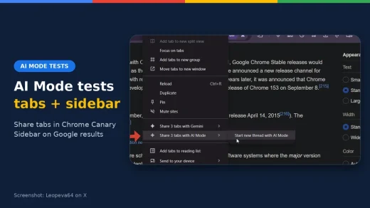 Google AI Mode tests: tab sharing in Chrome Canary and an AI Mode sidebar on Google Search