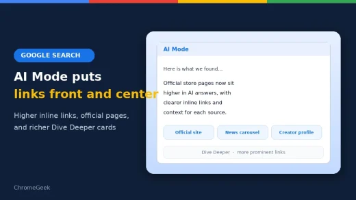 Google AI Mode and AI Overviews cover highlighting clearer inline links and Dive Deeper cards
