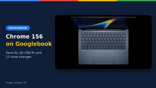 HP Googlebook 14 with the headline Chrome 156 on Googlebook, ChromeGeek news cover