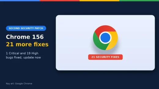Chrome logo with a 21 security fixes label and the headline Chrome 156 patch 2, ChromeGeek news cover