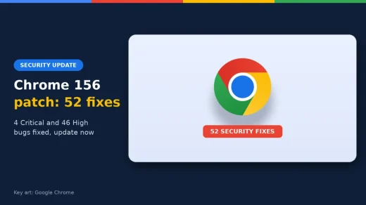 Chrome logo with a 52 security fixes label and the headline Chrome 156 patch, ChromeGeek news cover