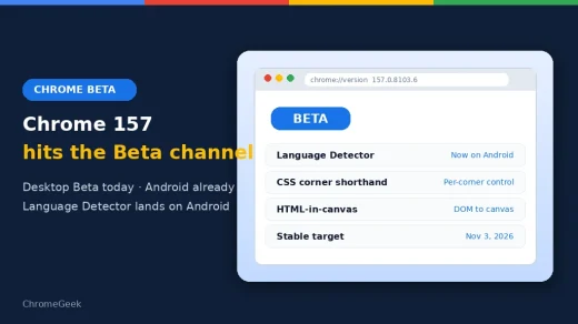 Chrome 157 Beta cover showing Language Detector on Android and November Stable date