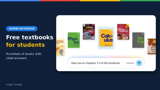 Textbook covers above a Gemini Notebook quiz prompt, ChromeGeek news cover about free textbooks in Gemini Notebook