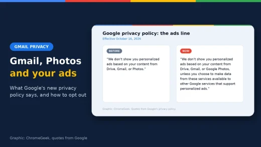 Google Gmail and Photos data and personalized ads, ChromeGeek news cover
