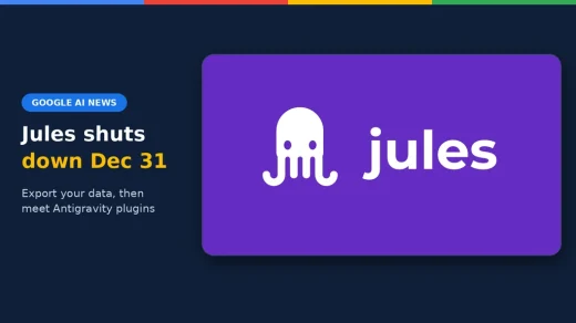 Jules octopus logo on a ChromeGeek news cover saying Jules shuts down Dec 31, with a note to export your data and meet Antigravity plugins