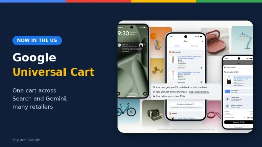 Google Universal Cart hero art with multi-retailer shopping on phones