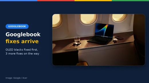 Acer Googlebook 14 on a cabin table with the headline Googlebook fixes arrive, ChromeGeek news cover