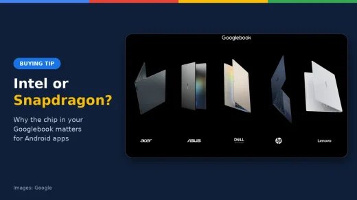 Intel or Snapdragon Googlebook cover showing the five launch Googlebooks
