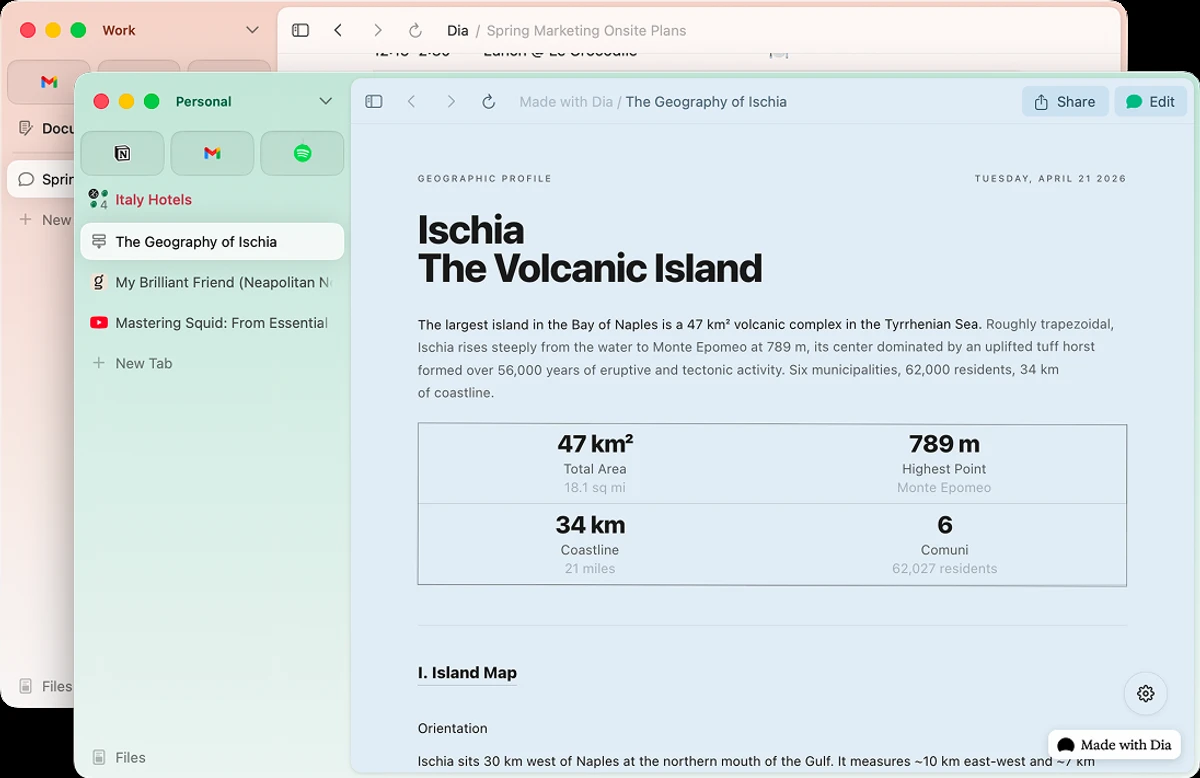 Dia browser window with a sidebar of pinned tabs and two Profiles, Work and Personal, similar to Spaces in Arc