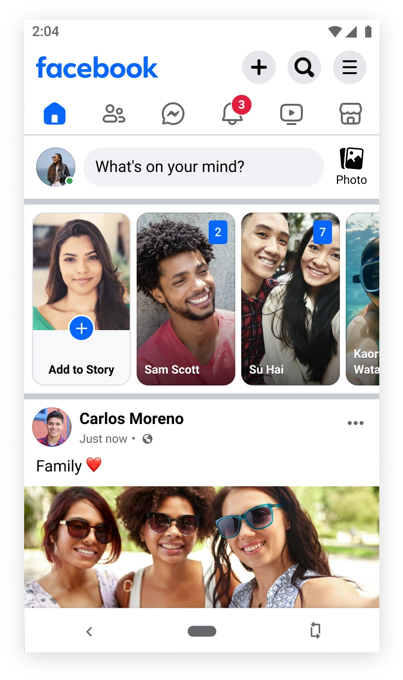 Facebook Lite home feed with stories, photo sharing and navigation tabs