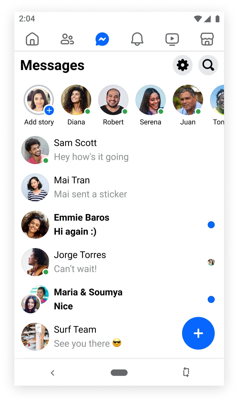 Facebook Lite Messages screen with conversations and a new-message button