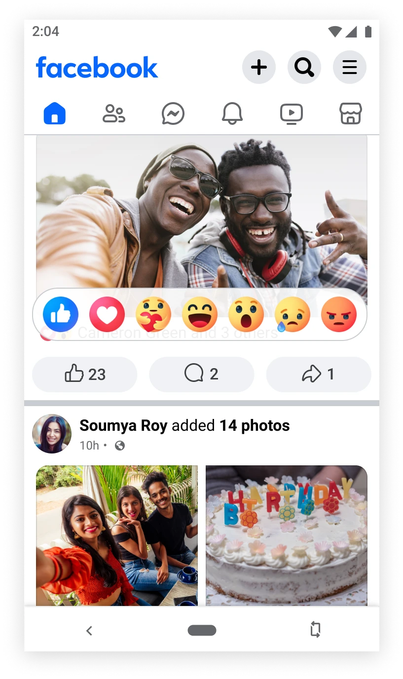 Facebook Lite feed showing reaction choices and a shared photo album