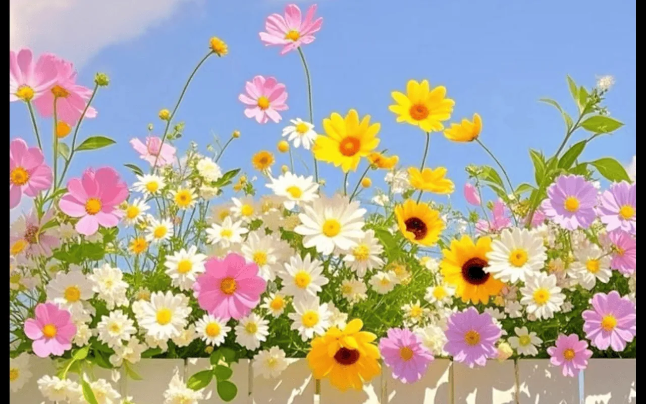 Pink white and yellow daisies on a fence under a blue sky