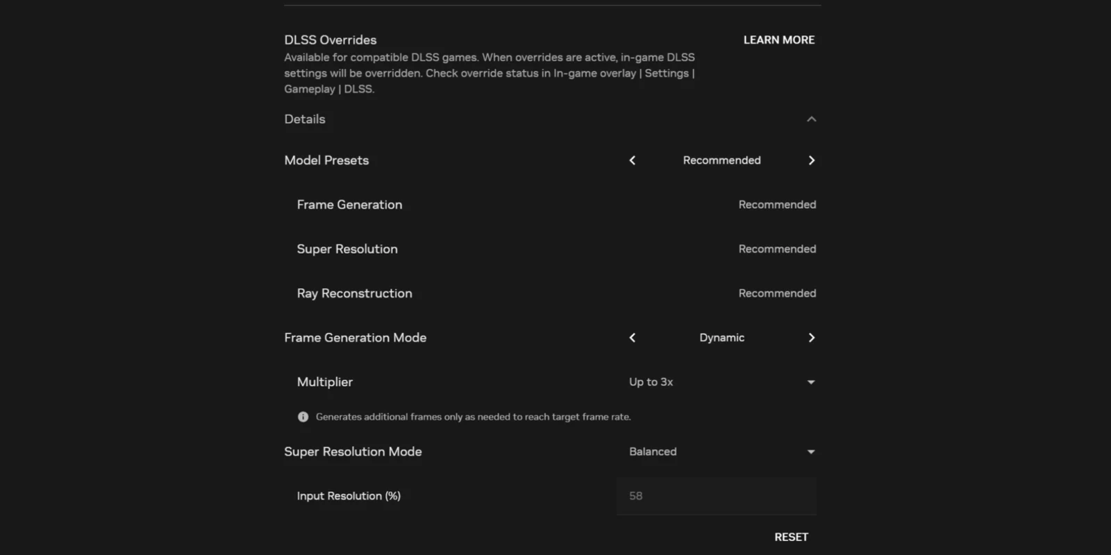 DLSS Overrides panel in GeForce NOW