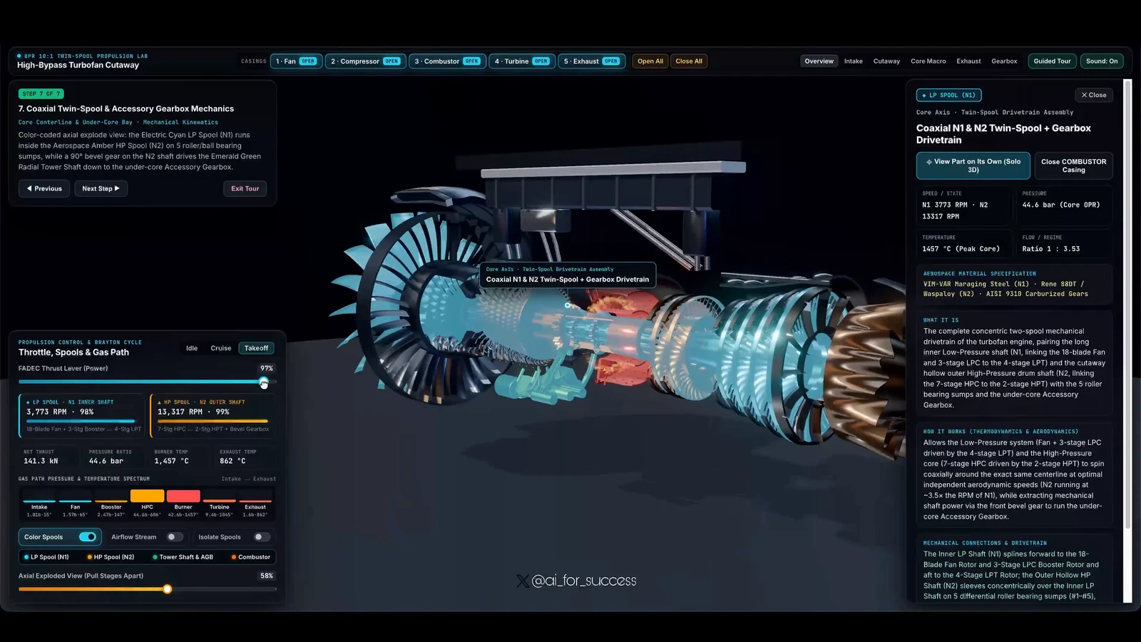 Interactive turbofan jet engine simulation with live measurements, generated with Gemini 4 Argon, Blender and Three.js