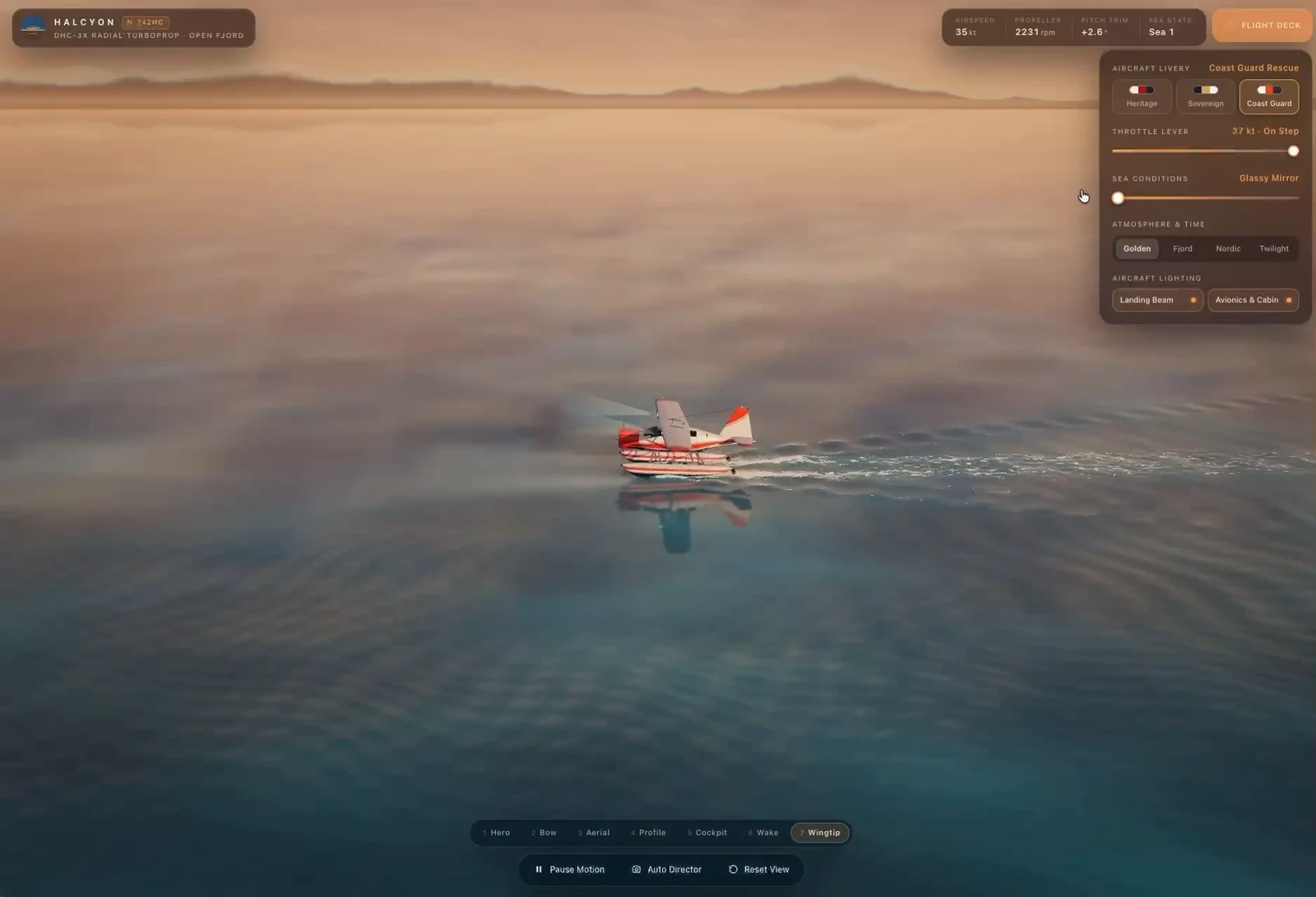 Gemini 4 Argon 3D simulation of a seaplane gliding over water with reflections and wake, built by Lumina