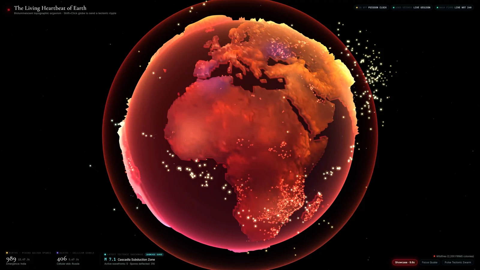 Interactive 3D globe built with Gemini 4 Argon showing wildfire hotspots and seismic shockwaves over Africa
