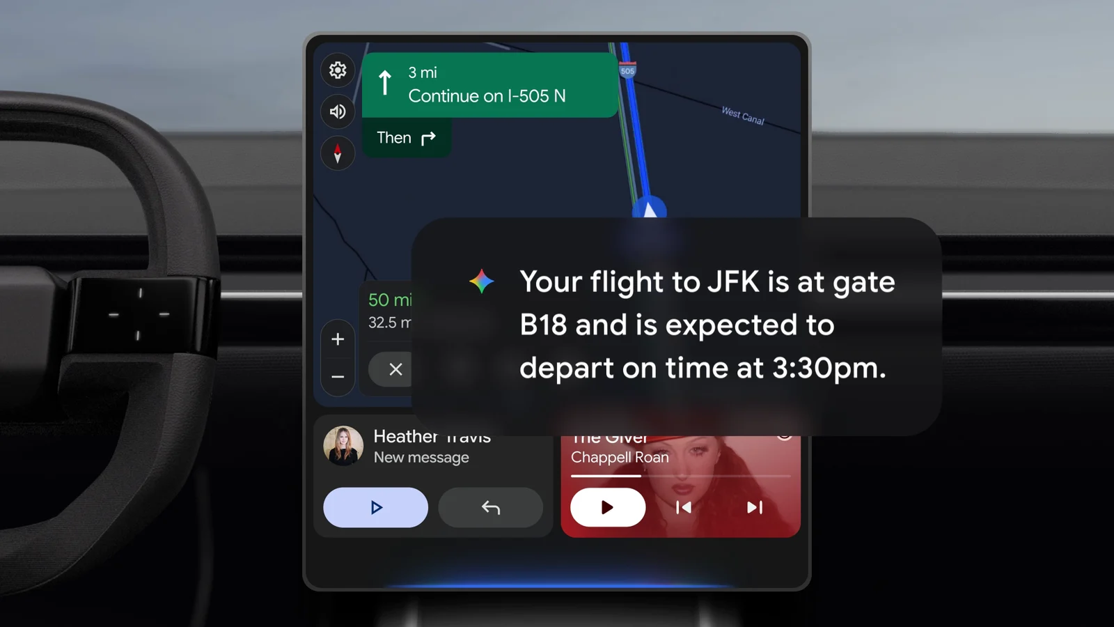 Gemini on Android Auto answering that the flight to JFK is at gate B18 and expected to depart on time at 3:30pm
