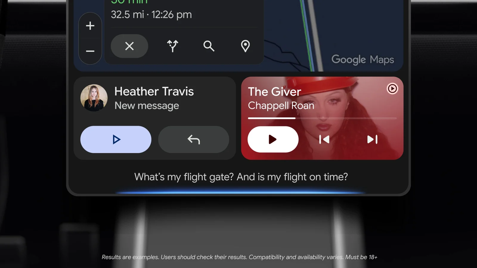 Android Auto screen with Google Maps, a message card and music, while Gemini hears the question What's my flight gate? And is my flight on time?