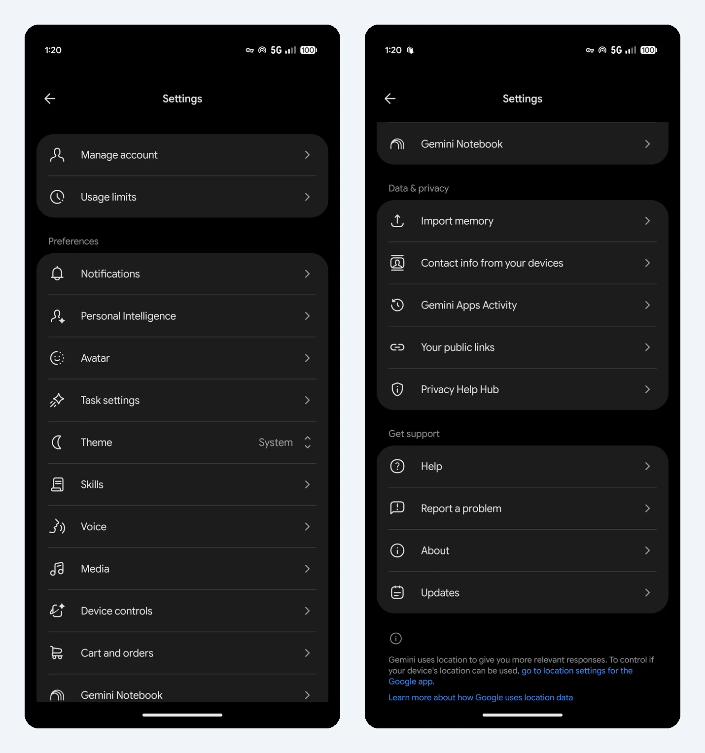New single Settings page in the Gemini app for Android with Preferences, Data and privacy, and Get support sections