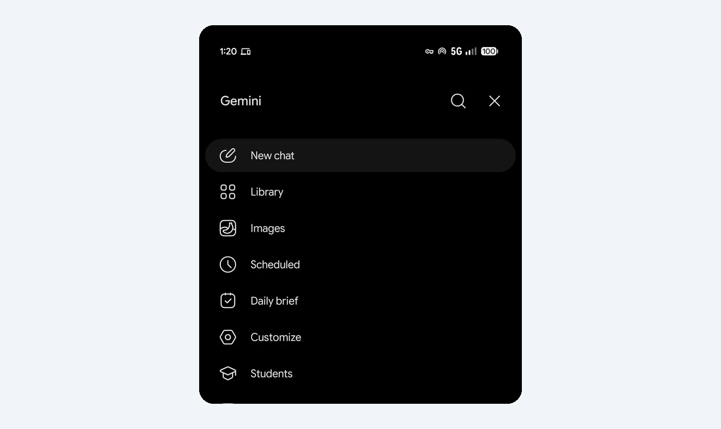 New Gemini side panel on Android expanded with More, showing New chat, Library, Images, Scheduled, Daily brief, Customize, Students, Videos and Gems