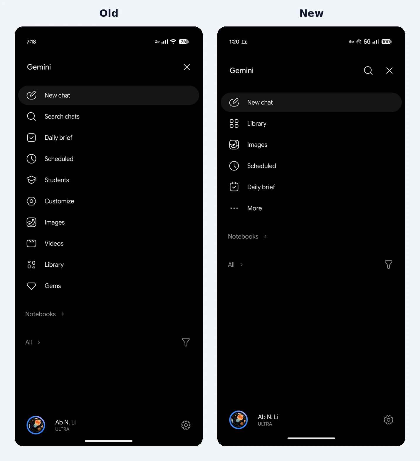 Old and new Gemini side panel on Android: the new one has search in the top right, Library under New chat and a More button