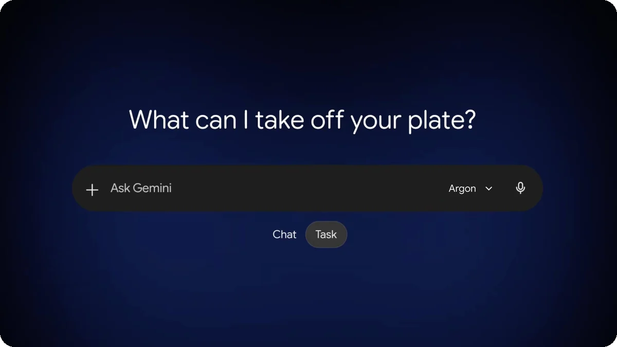Gemini app chat box with Argon picked in the model menu and the Chat and Tasks toggle