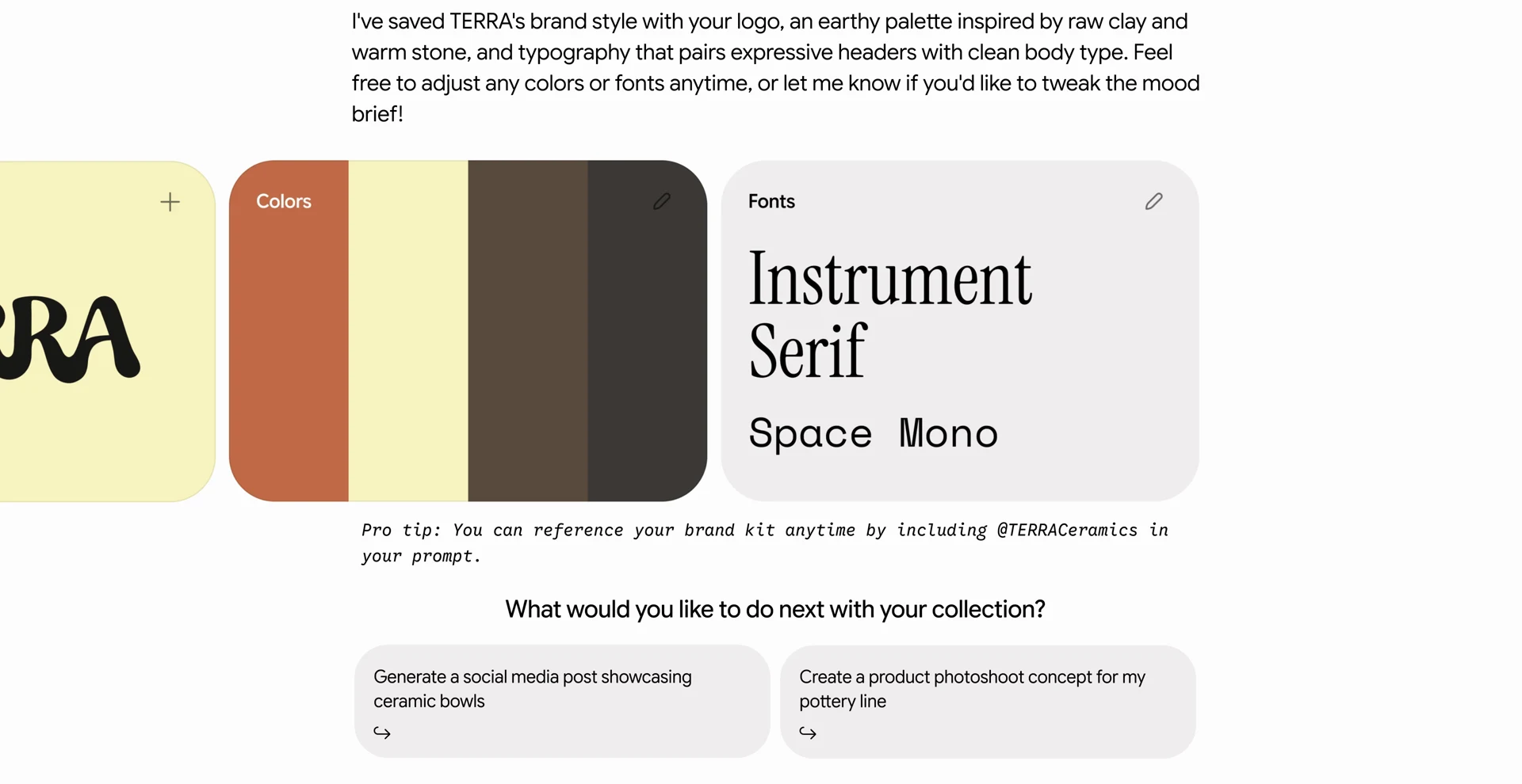 Gemini saved brand kit for a demo ceramics brand showing its logo, four brand colours and two fonts