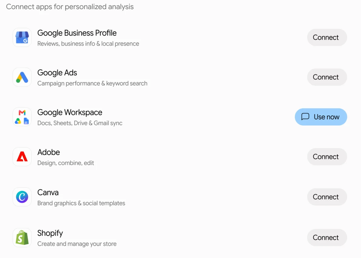 Gemini Connect apps for personalized analysis list with Google Business Profile, Google Ads, Google Workspace, Adobe, Canva and Shopify