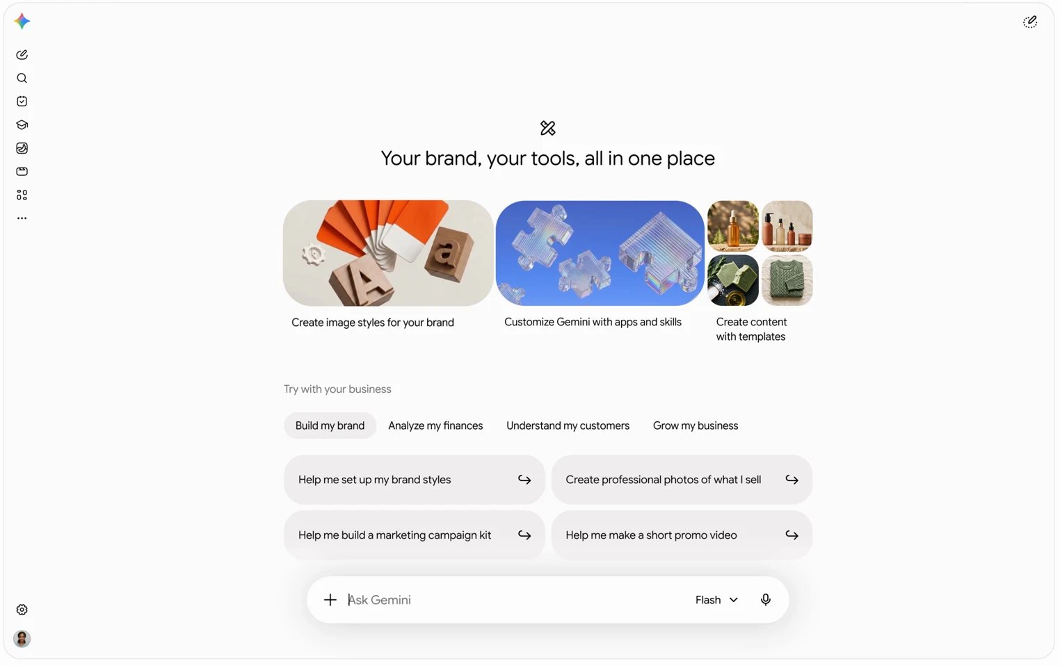 Gemini business landing page with brand, apps and template cards and Build my brand, Analyze my finances, Understand my customers and Grow my business tabs