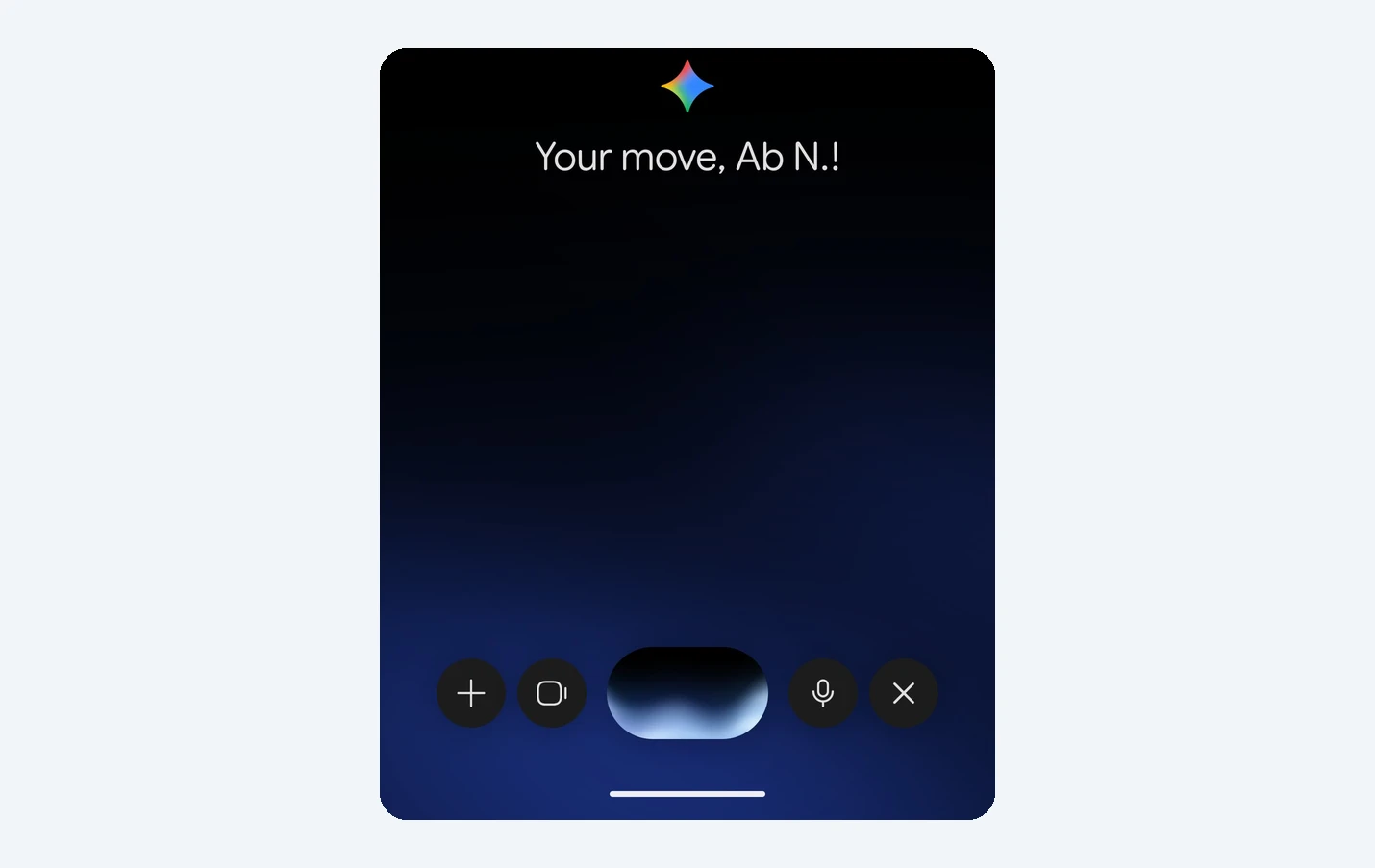 Gemini Live on Android with the new control bar: plus button, camera, waveform, mic mute and close