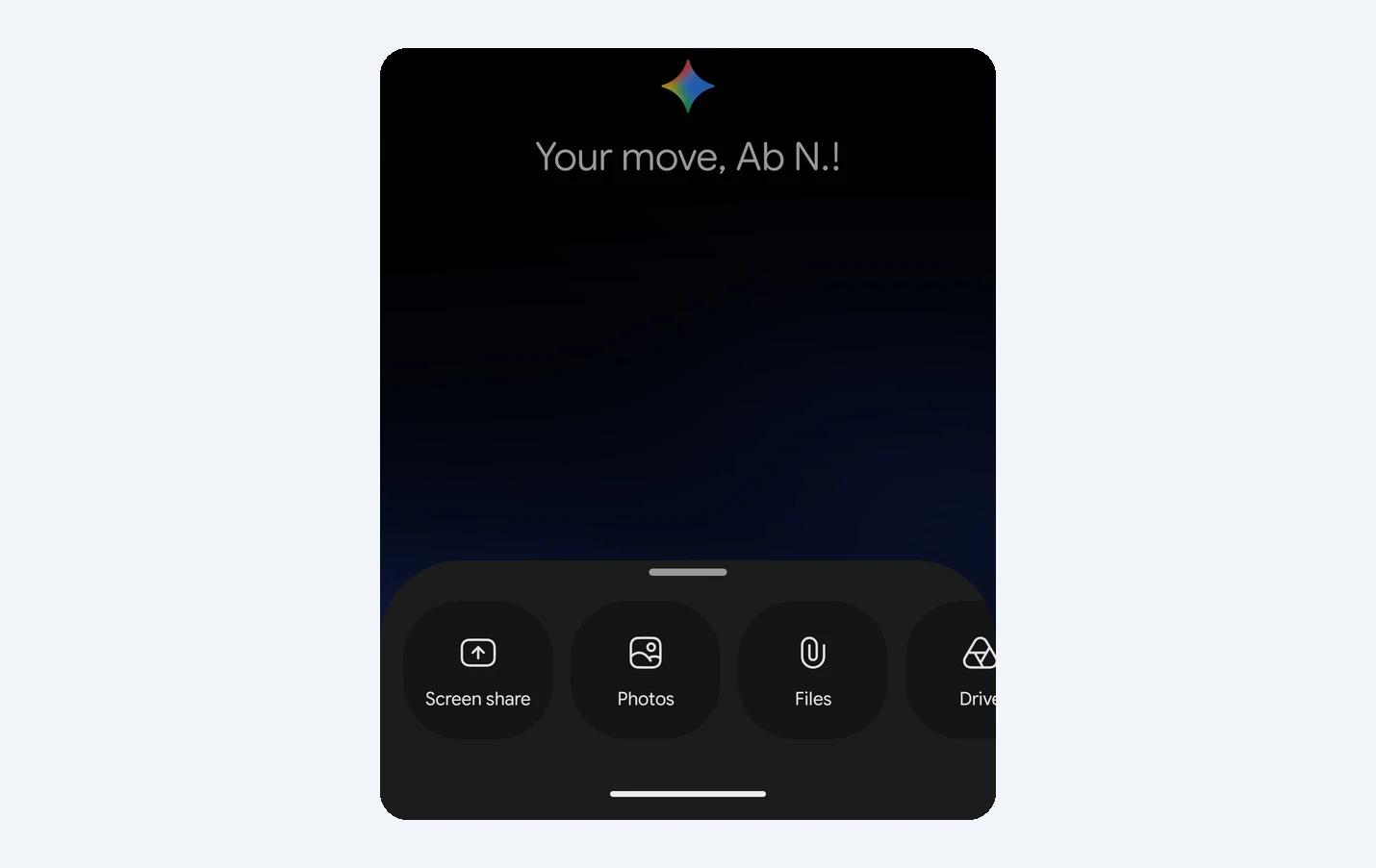 Gemini Live plus menu on Android showing Screen share, Photos, Files and Drive in a carousel