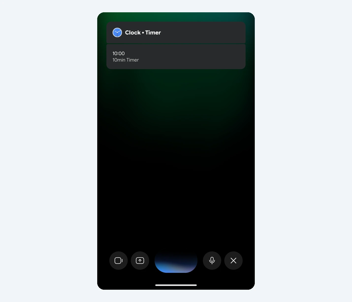 Earlier Gemini Live controls on Android with separate camera and screen share buttons left of the waveform, then mic mute and close