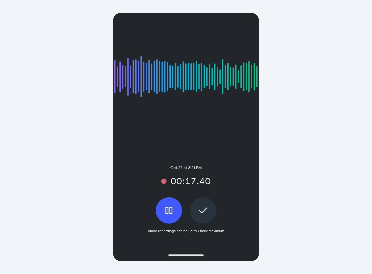 Gemini Notebook audio recorder on Android with a waveform, a running timer, a pause button and a checkmark