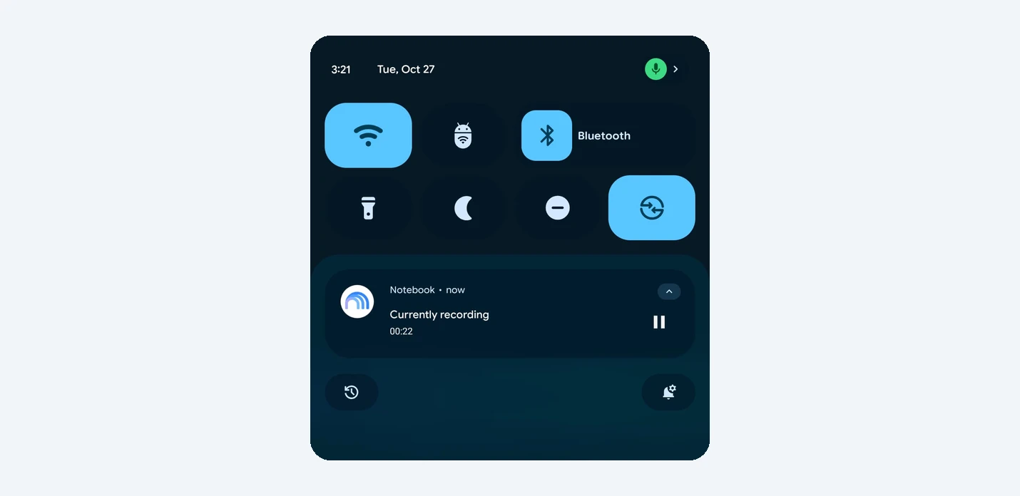 Android notification shade showing Gemini Notebook currently recording in the background with a pause button