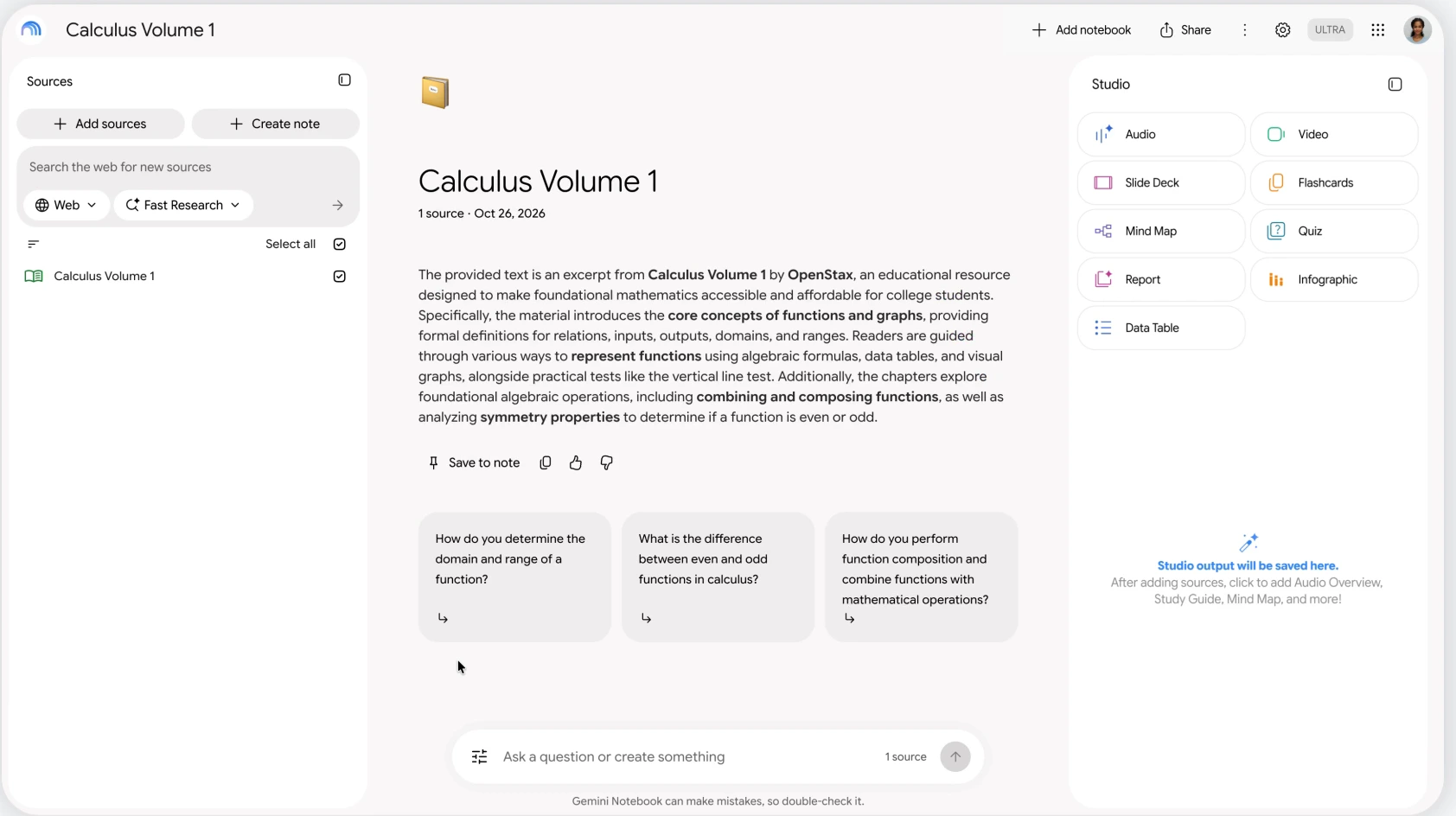 Gemini Notebook with Calculus Volume 1 by OpenStax added as a source, showing a summary, suggested questions and Studio tools like Quiz and Flashcards
