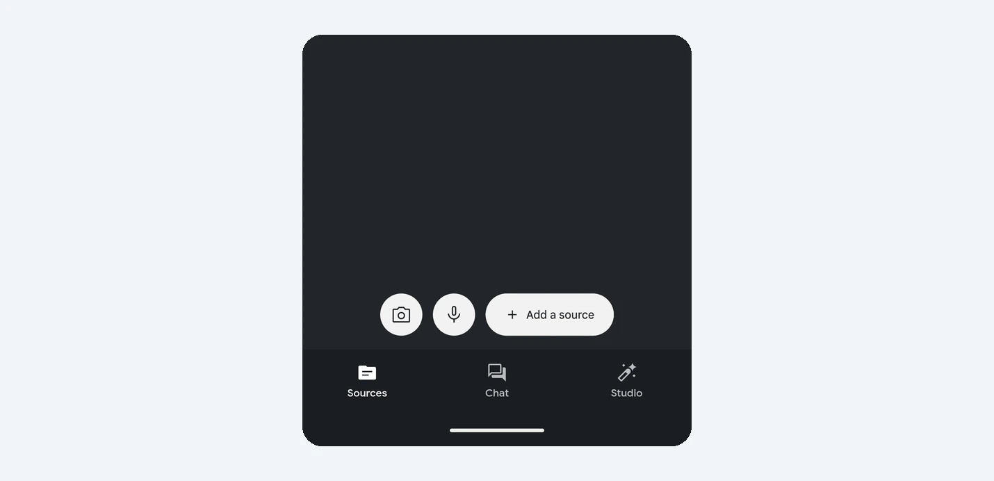 Gemini Notebook Sources tab on Android with the new microphone button between the camera button and Add a source