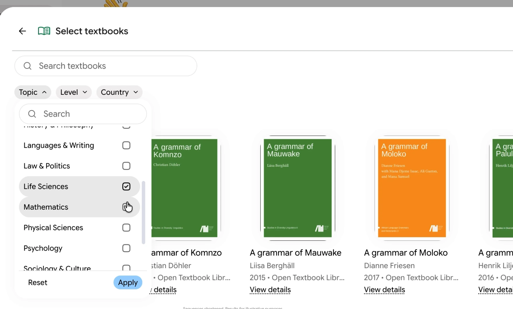 Gemini Notebook Select textbooks window with Topic, Level and Country filters and a list of Open Textbook Library titles