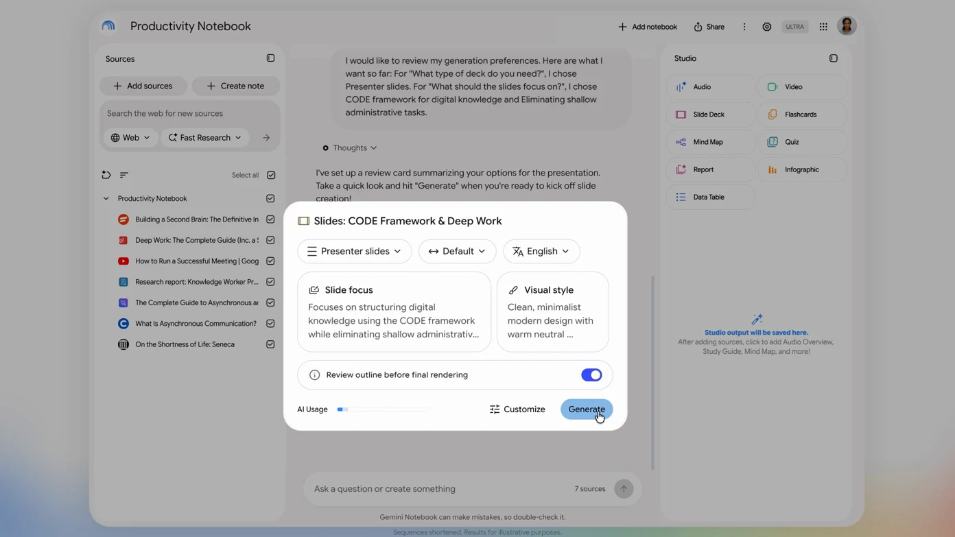 Gemini Notebook slide deck review card with slide focus, visual style and a Review outline toggle