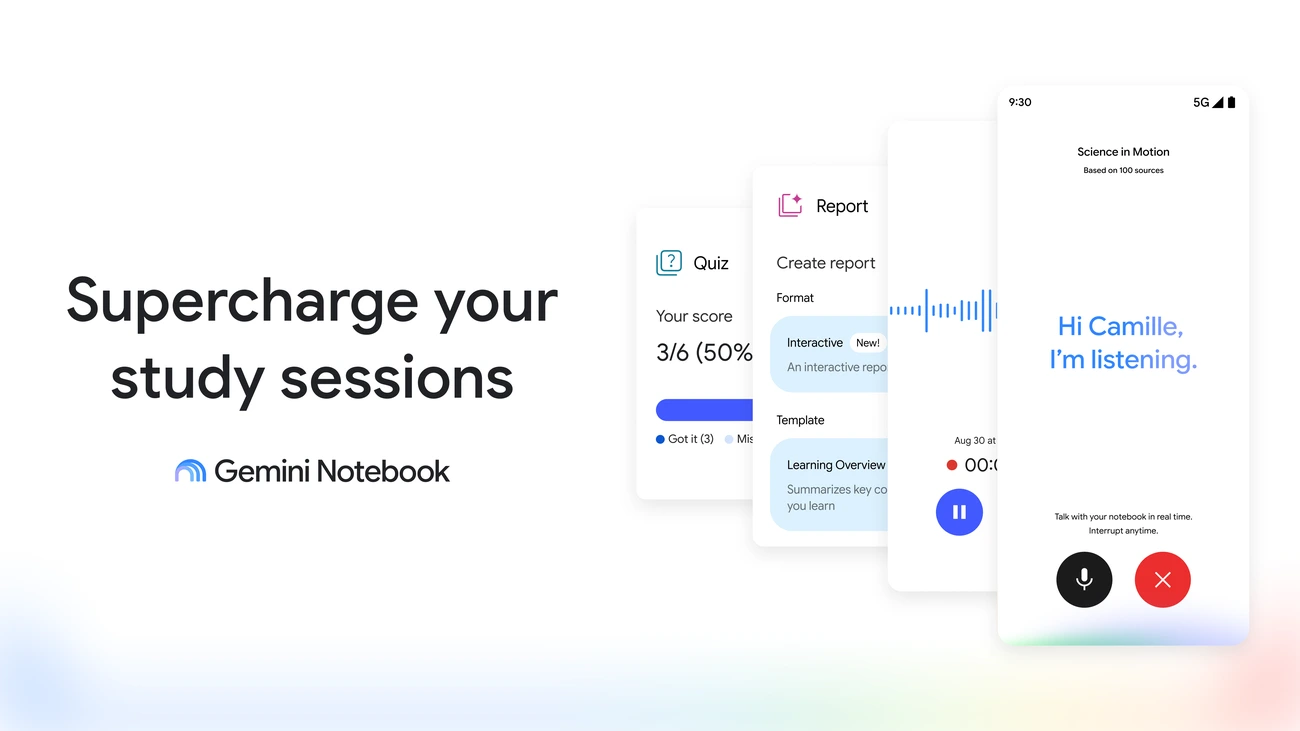 Google's Gemini Notebook study tools key art showing quiz, report, audio recorder and live chat screens