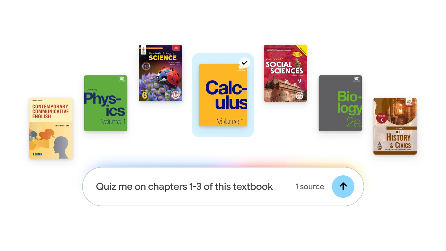 Textbook covers including Calculus Volume 1, Physics and Biology above a Gemini Notebook prompt that reads Quiz me on chapters 1-3 of this textbook