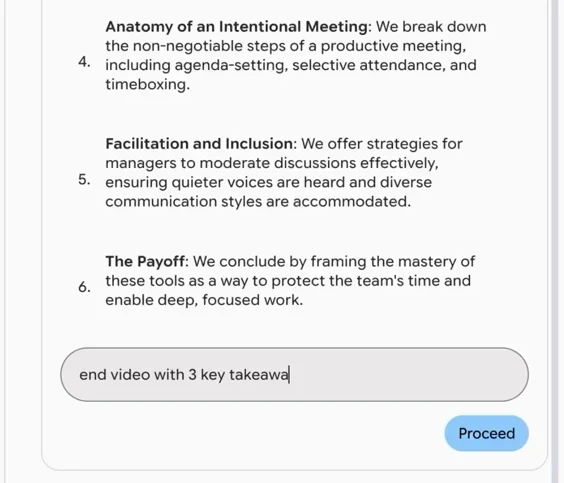 Gemini Notebook producer notes for a video overview with a feedback box and Proceed button