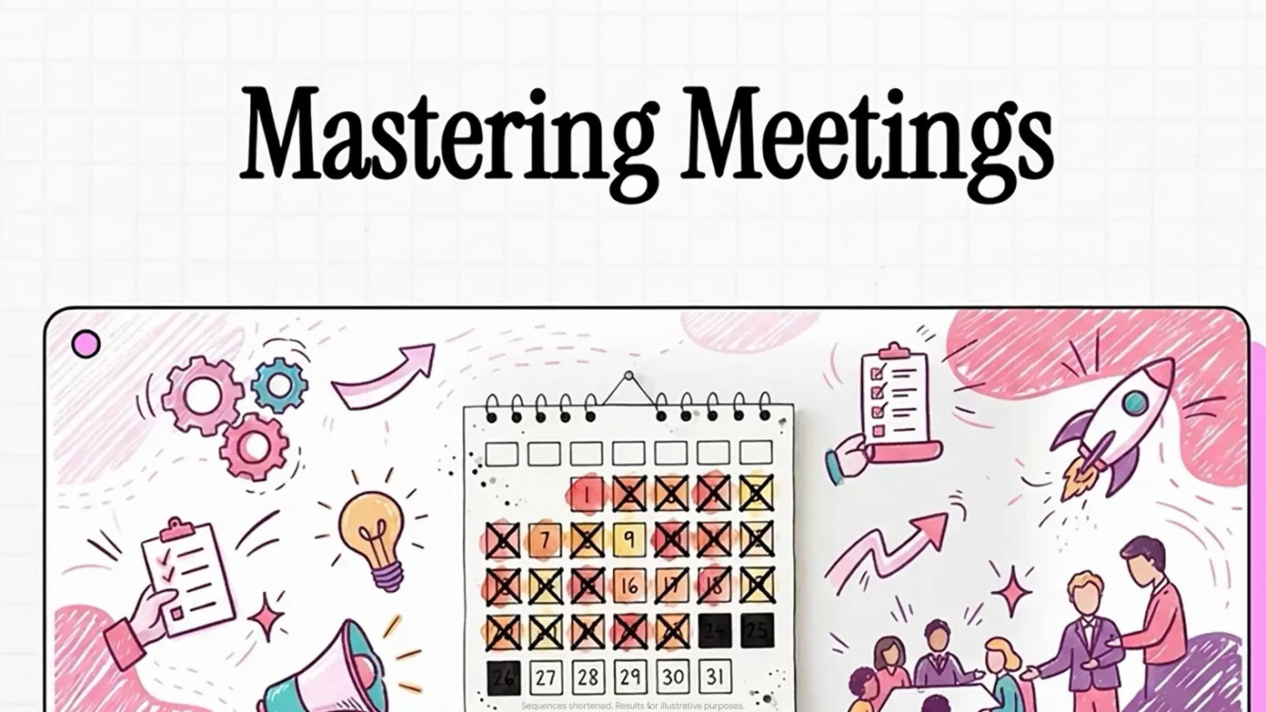 Whiteboard style Gemini Notebook video overview titled Mastering Meetings