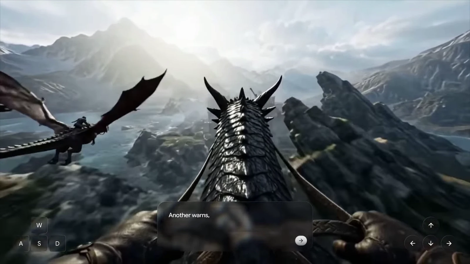Genie 4 demo: first-person dragon flight over snowy mountains with keyboard controls and a text prompt box