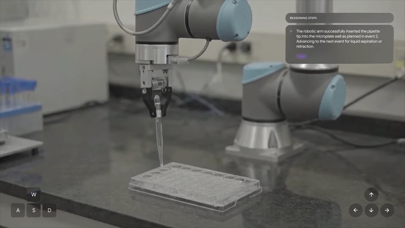 Genie 4 and Gemini 4 Argon simulating robot arms in a lab, with a reasoning steps panel on screen