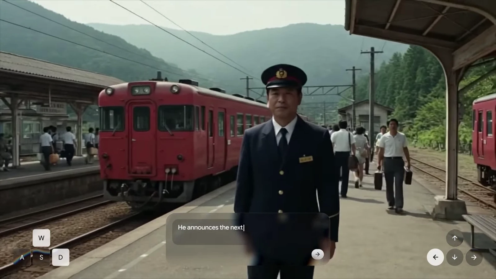 Genie 4 demo: a station master on a Japanese railway platform with a red train, steered by a typed prompt